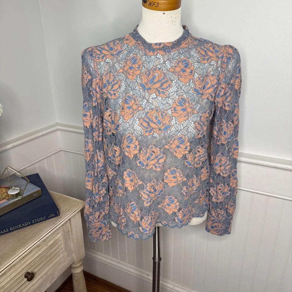 LOFT Womens Blue Peach Floral Lace Mock Neck Long Sleeve Blouse Small